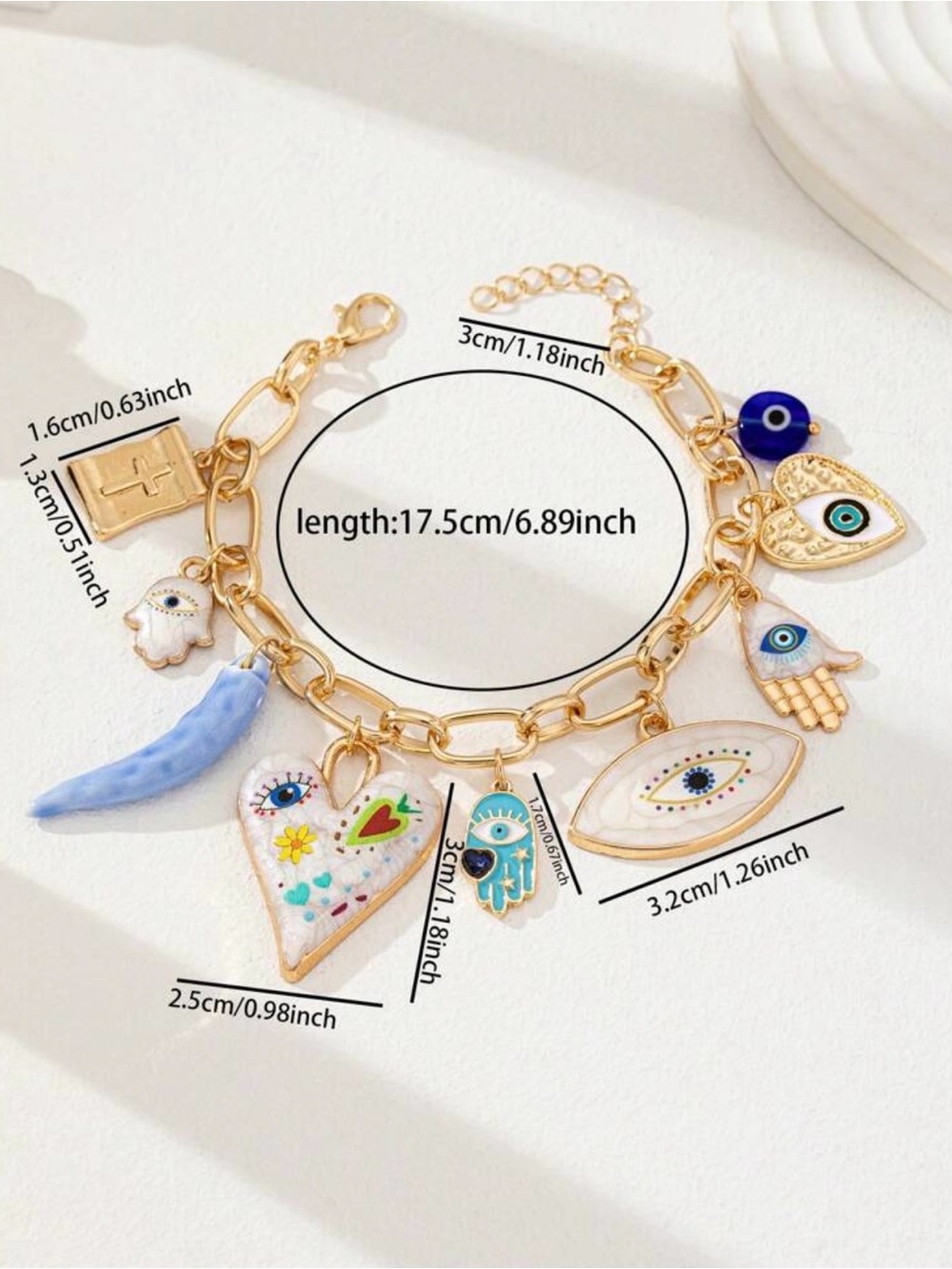 Gold Charm Bracelet with Blue & White Evil Eye Charms - Picture 3 of 3